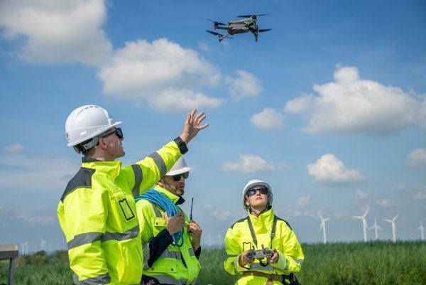Trabajadores diversos en campo con equipos topográficos